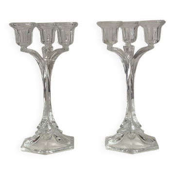 Paire de bougeoirs à trois branches en cristal d'Arques