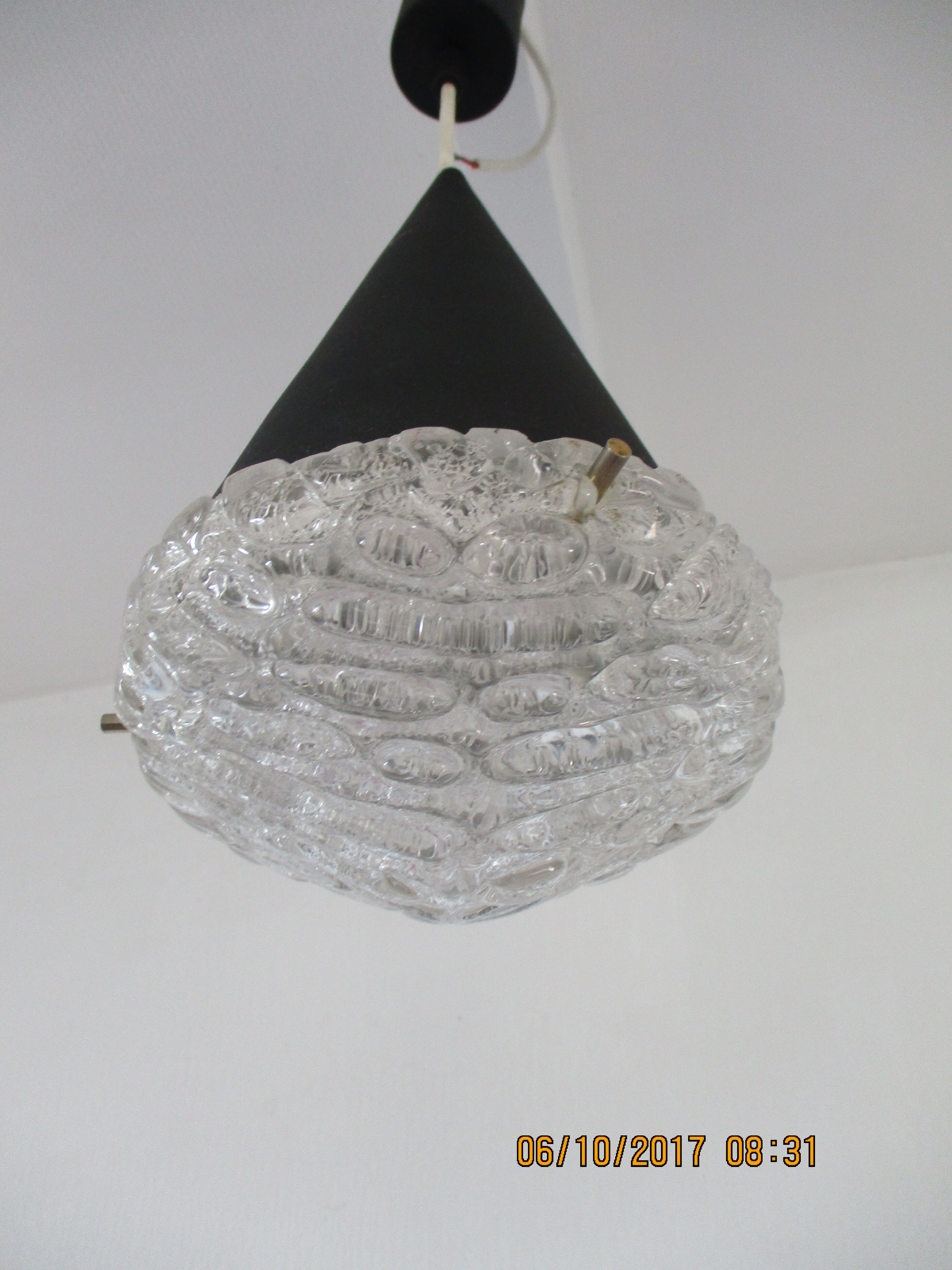 Conical suspension in metal and frosted glass design 60s - 70s