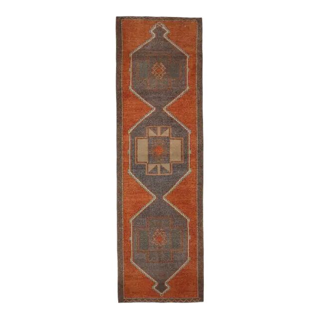 Vintage Turkish Oushak handmade cotton red wool runner 110x370