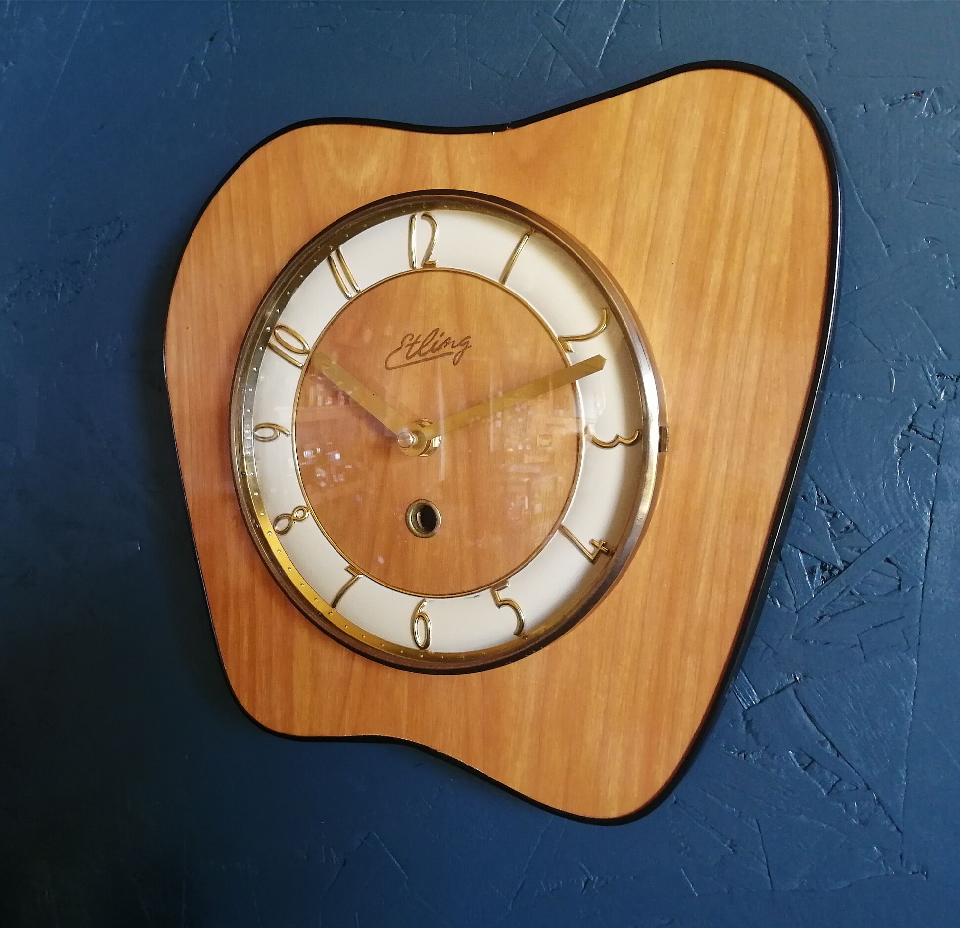 Clock formica vintage asymmetrical silent wall clock "Etling wood"