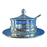 Antique silver-plated metal and glass sugar bowl with spoon