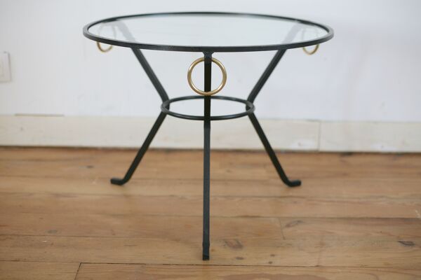 Table basse en métal laqué noir, verre et laiton, France, circa 1950.