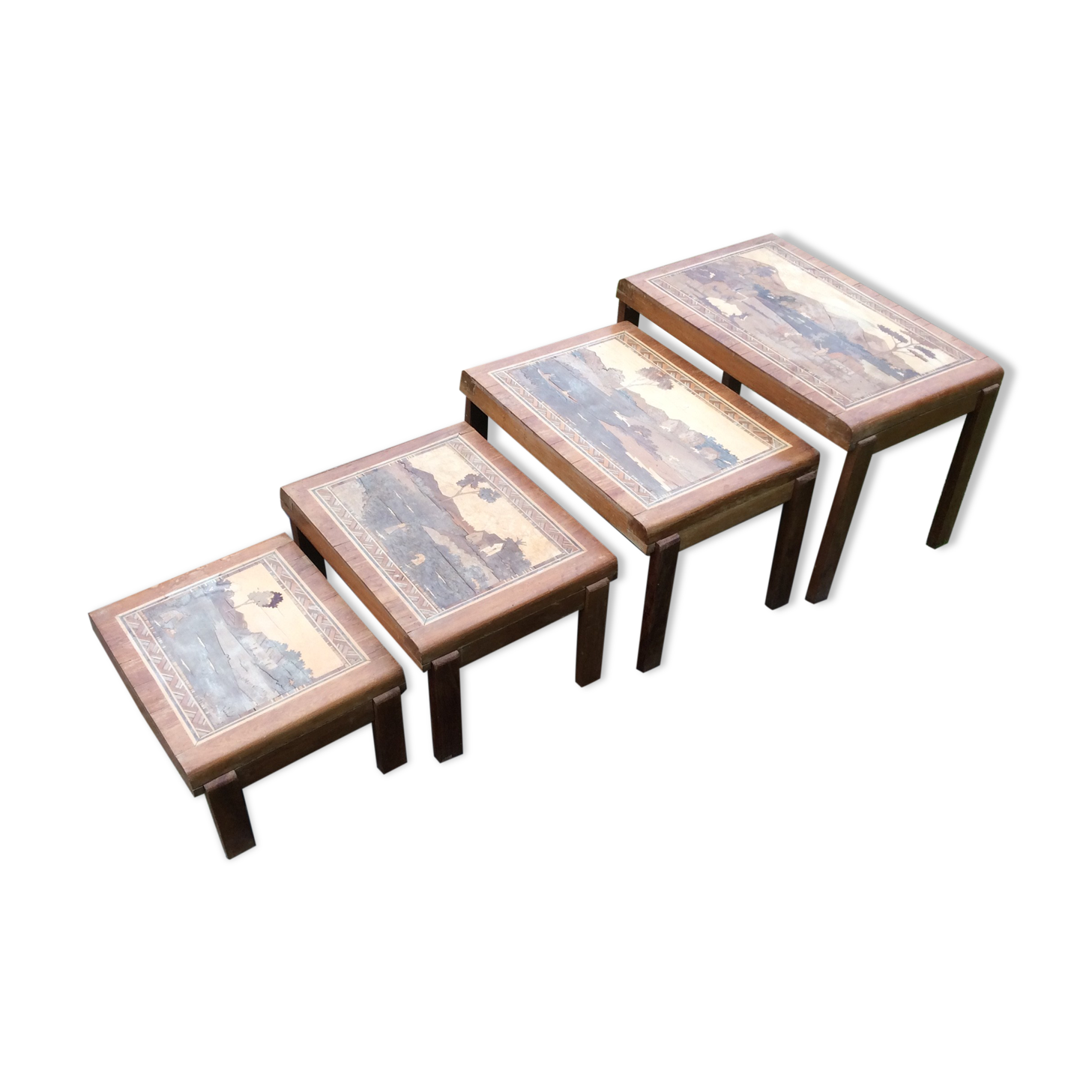 Vintage trundle tables in marquetry from Madagascar.
