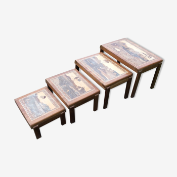 Vintage trundle tables in marquetry from Madagascar.