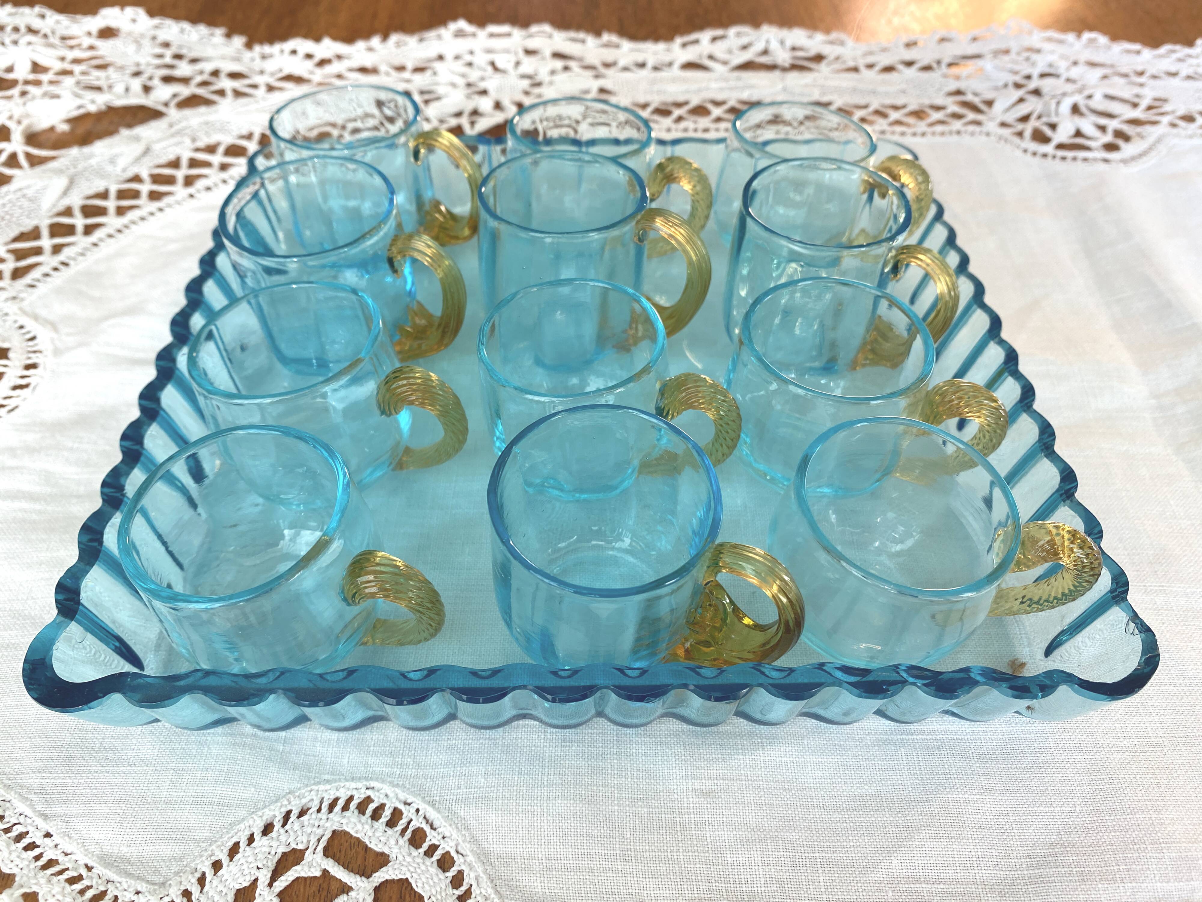 Antique Georges Sand blue and amber liqueur set - 12 glasses and tray