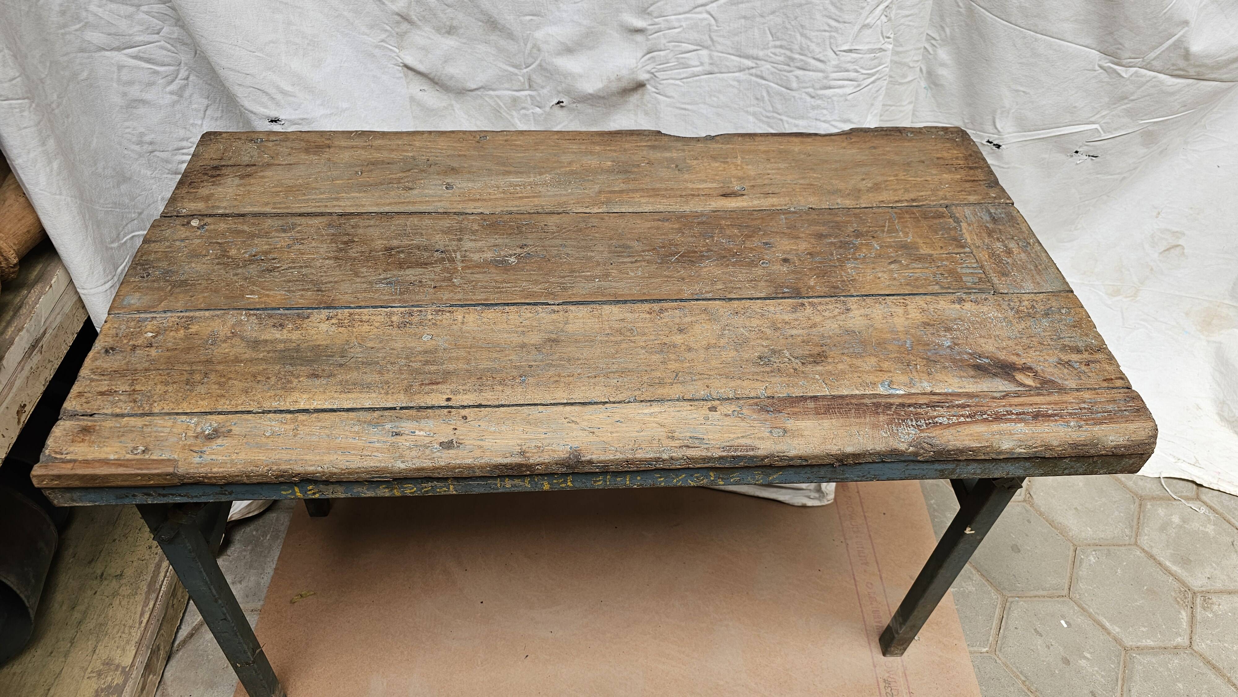 Folding workshop table in teak and wrought iron