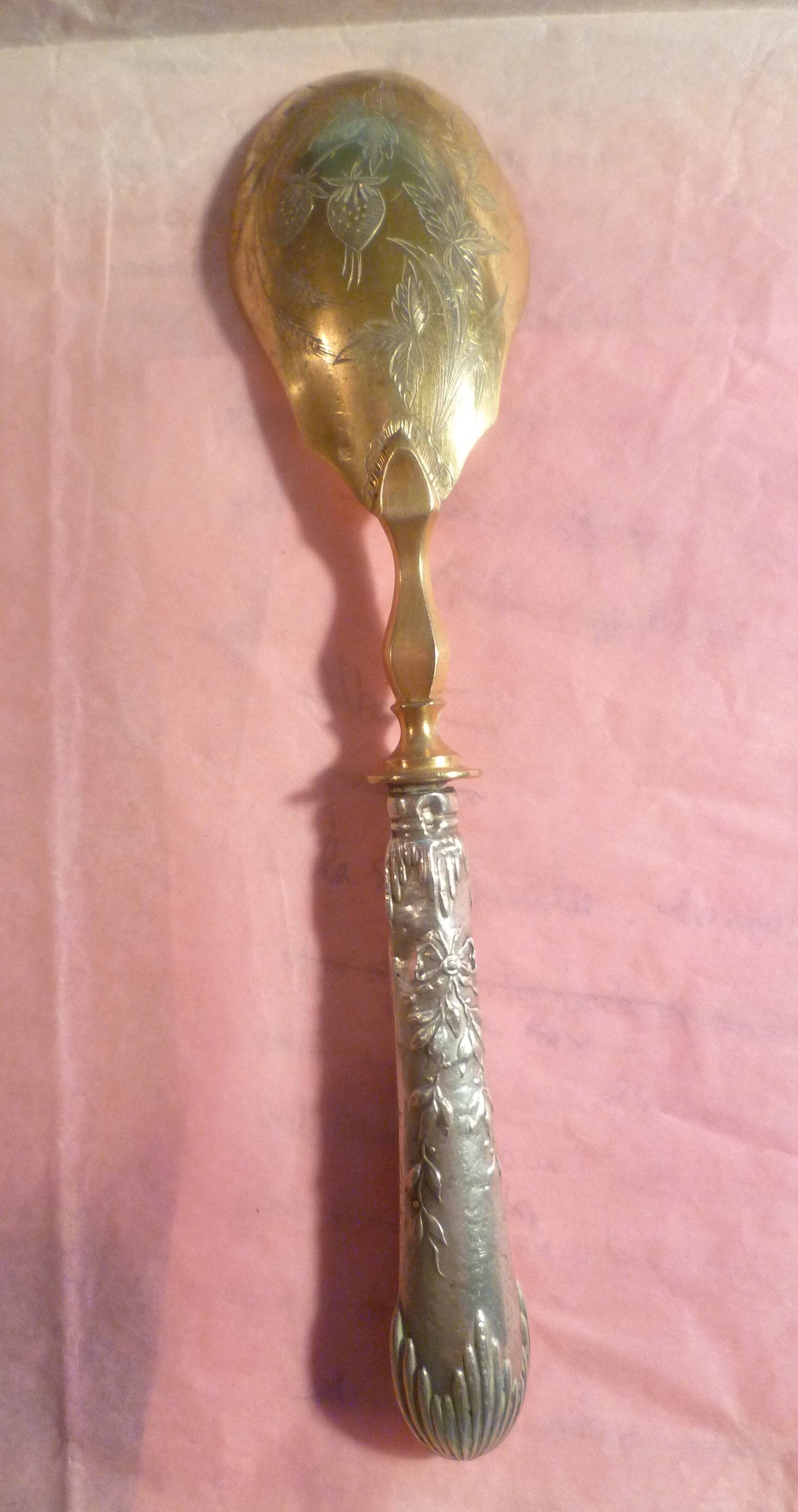 SILVER DESSERT SPOON, hallmarked ? chiseling on the spoon