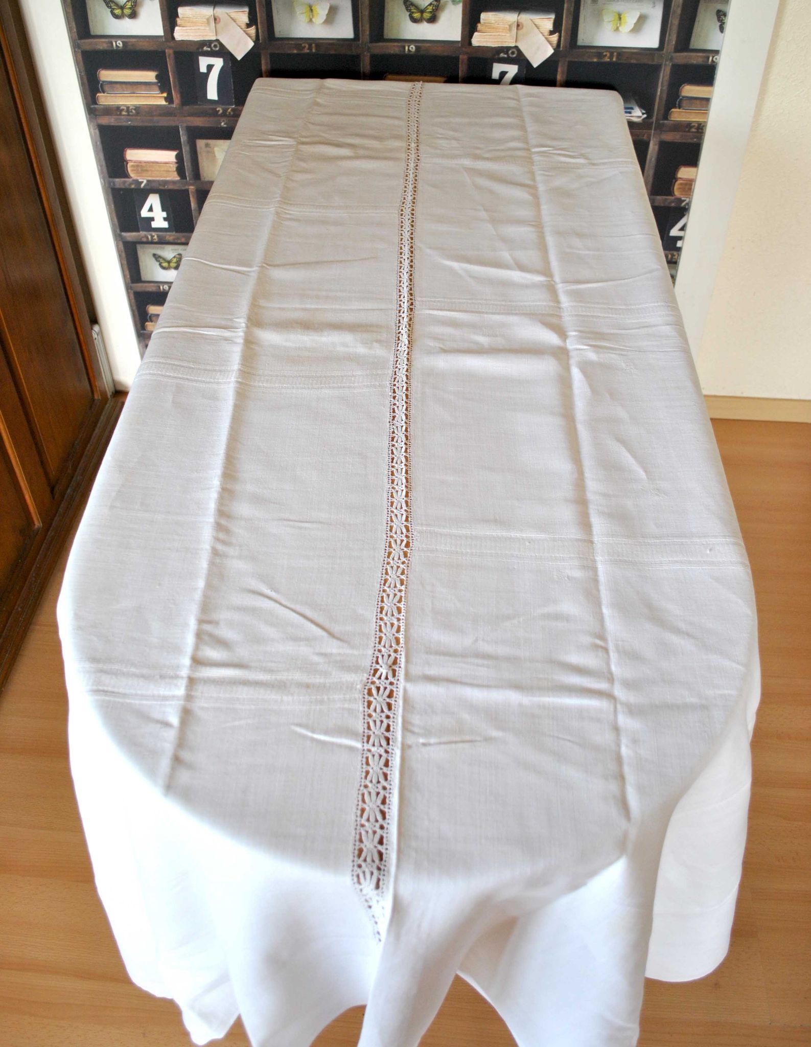 Antique country tablecloth in white woven linen vintage