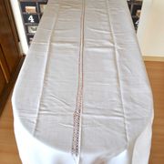 Antique country tablecloth in white woven linen vintage