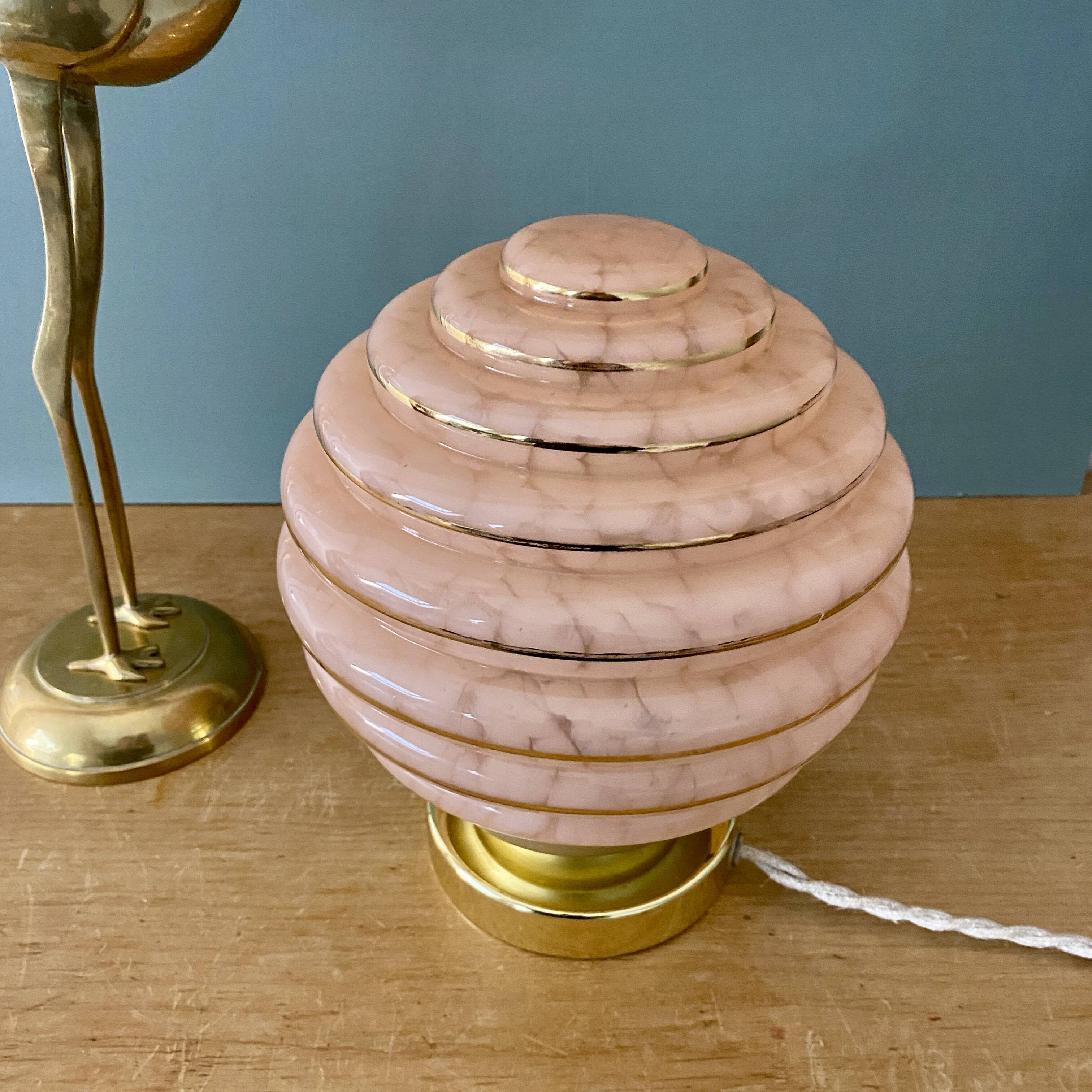 Vintage art deco globe table lamp in pink and gold Clichy glass