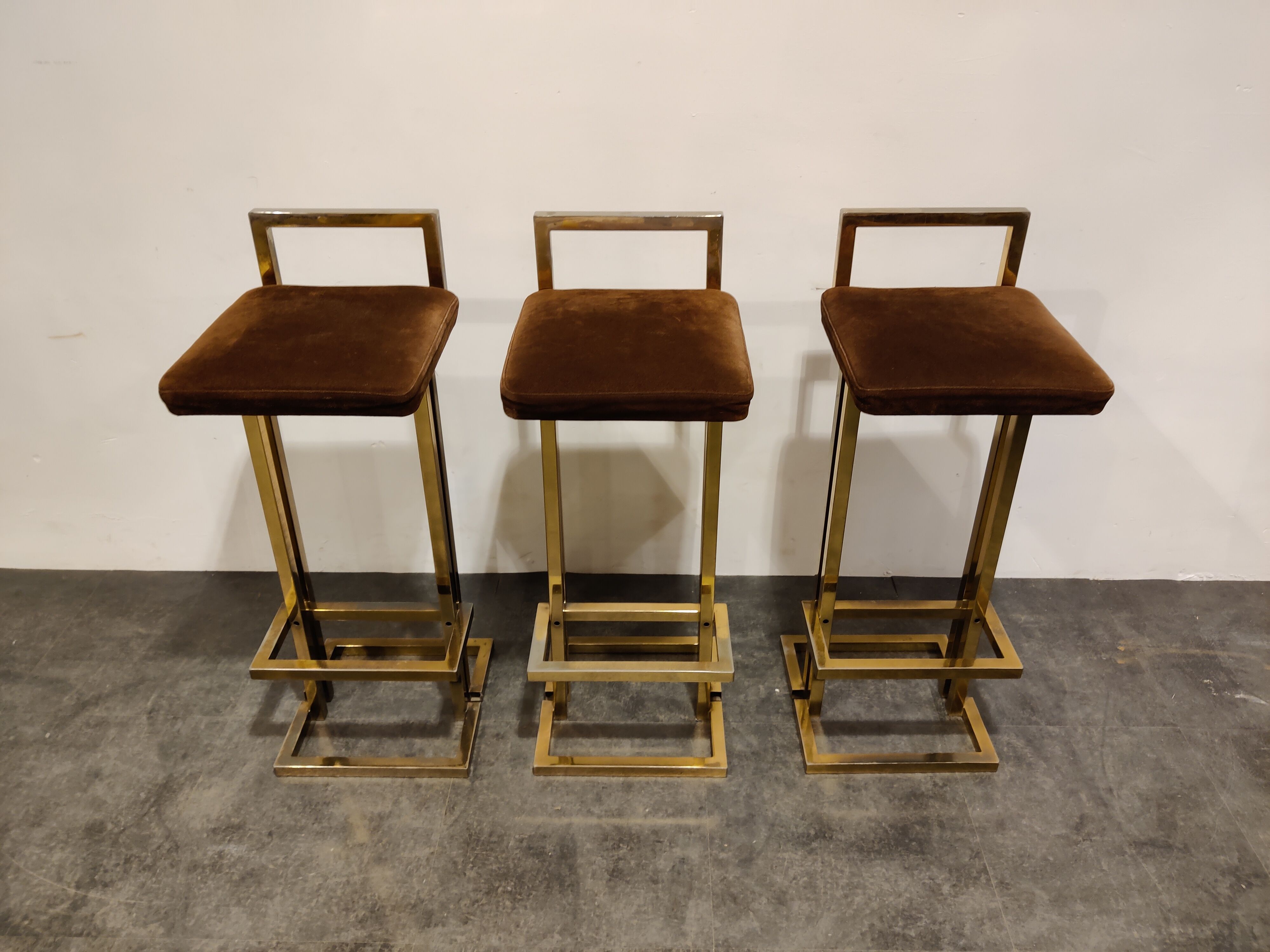 Belgochrom brass bar stools, set of 3, 1970s