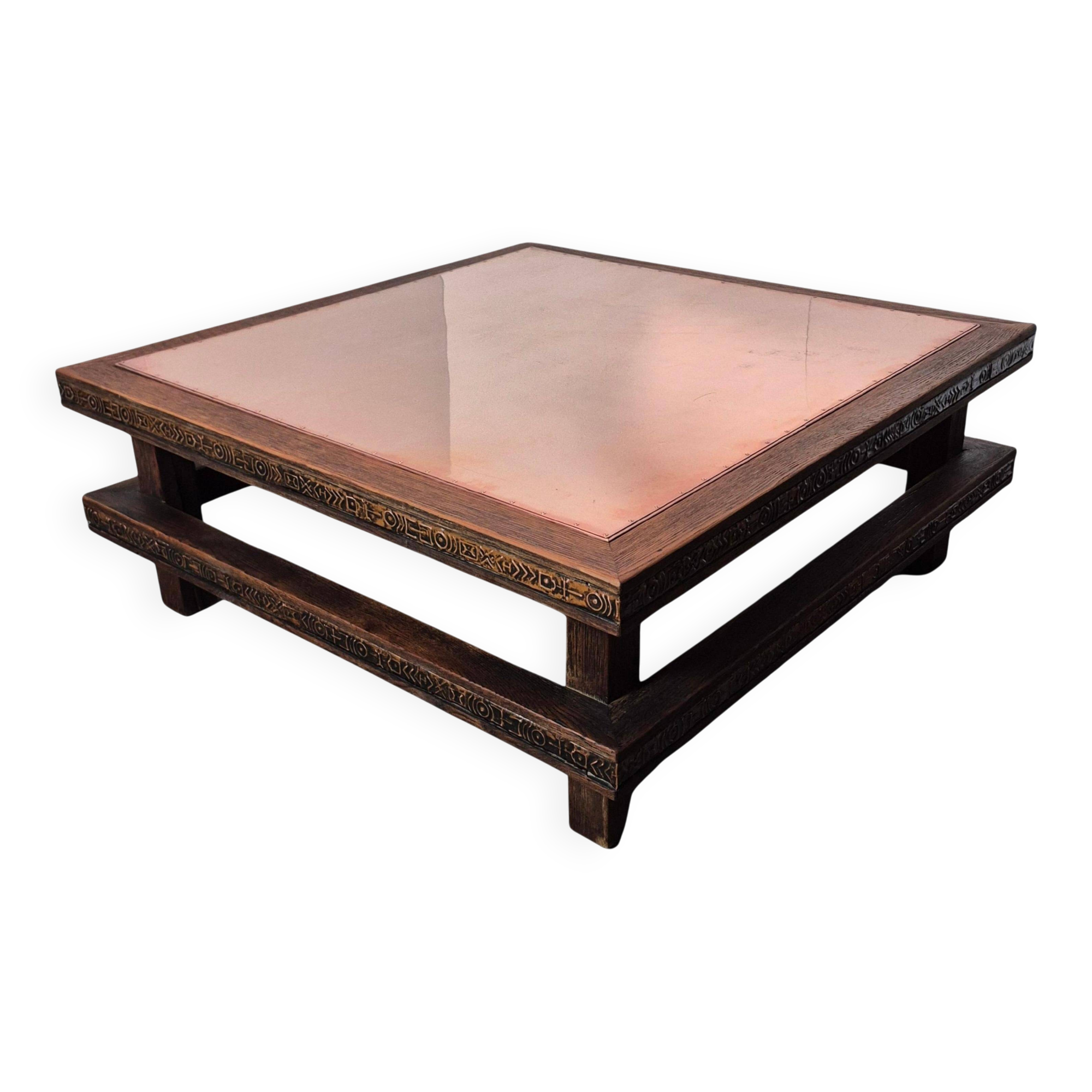 Brutalist oak square coffee table with copper top, Netherlands 1950s