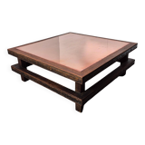 Brutalist oak square coffee table with copper top, Netherlands 1950s