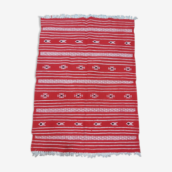 Red and white carpet Berber style handmade 100x138cm