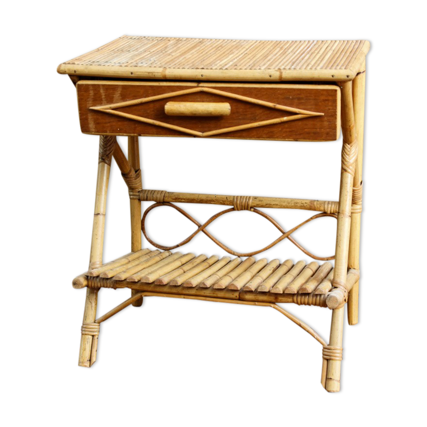 Vintage bedside table, rattan and bamboo