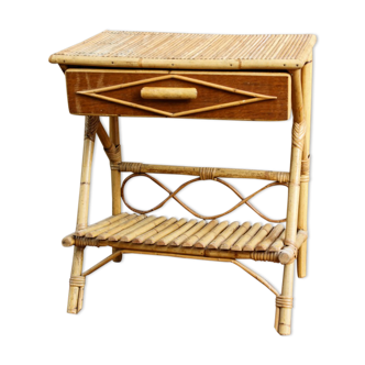 Vintage bedside table, rattan and bamboo