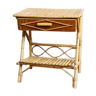 Table de chevet vintage, rotin et bambou