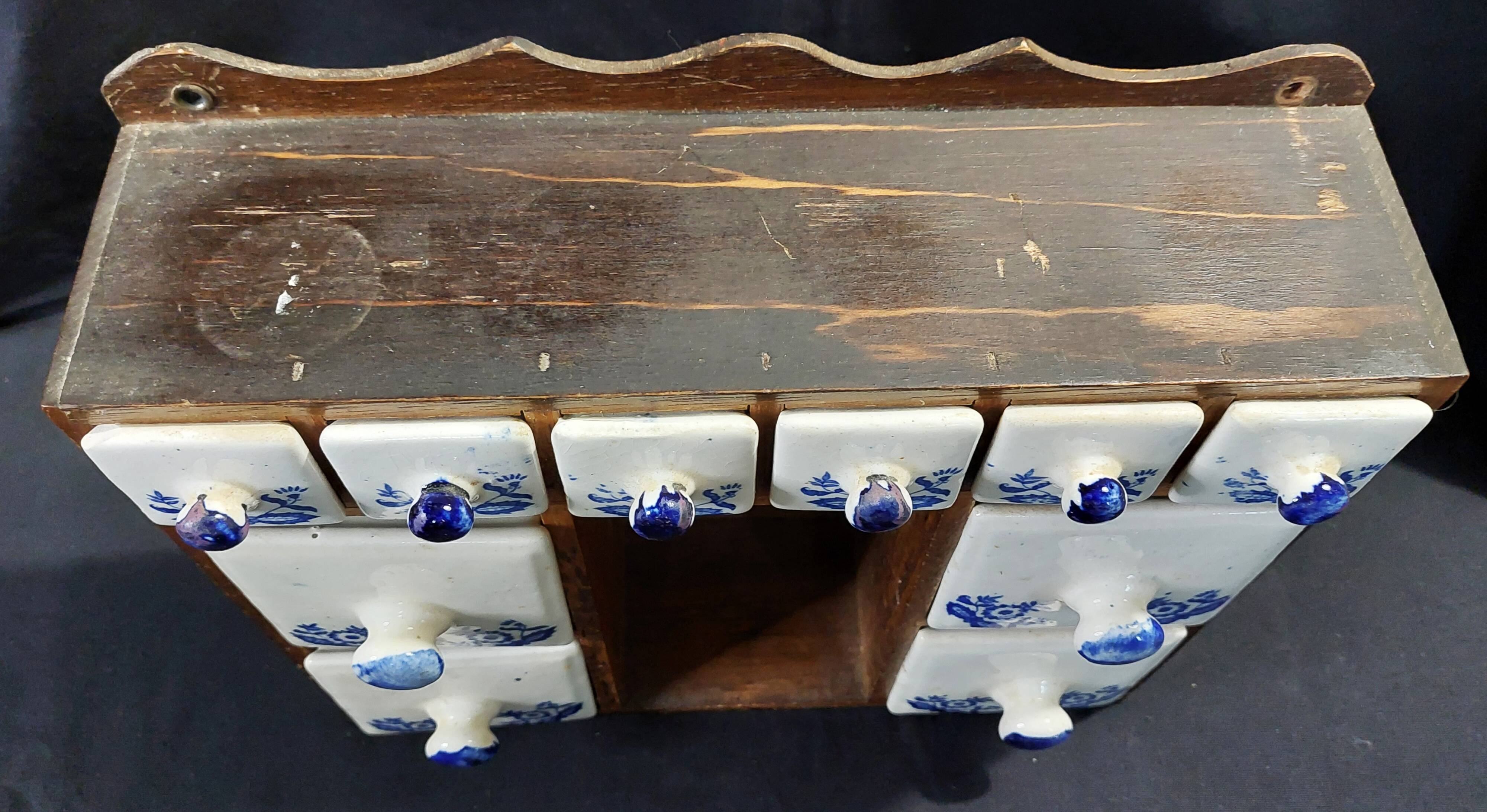 Vintage spice rack wood and earthenware blue decor