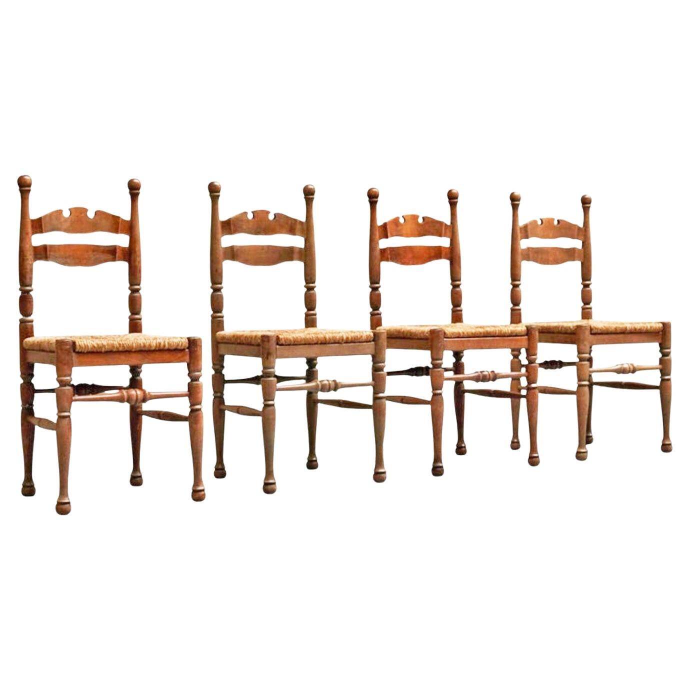 Set of 4 oak and bamboo chairs, 1950s.