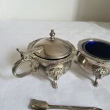 Ancien Saleron et Moutardier en Métal Argenté et Verre Bleu