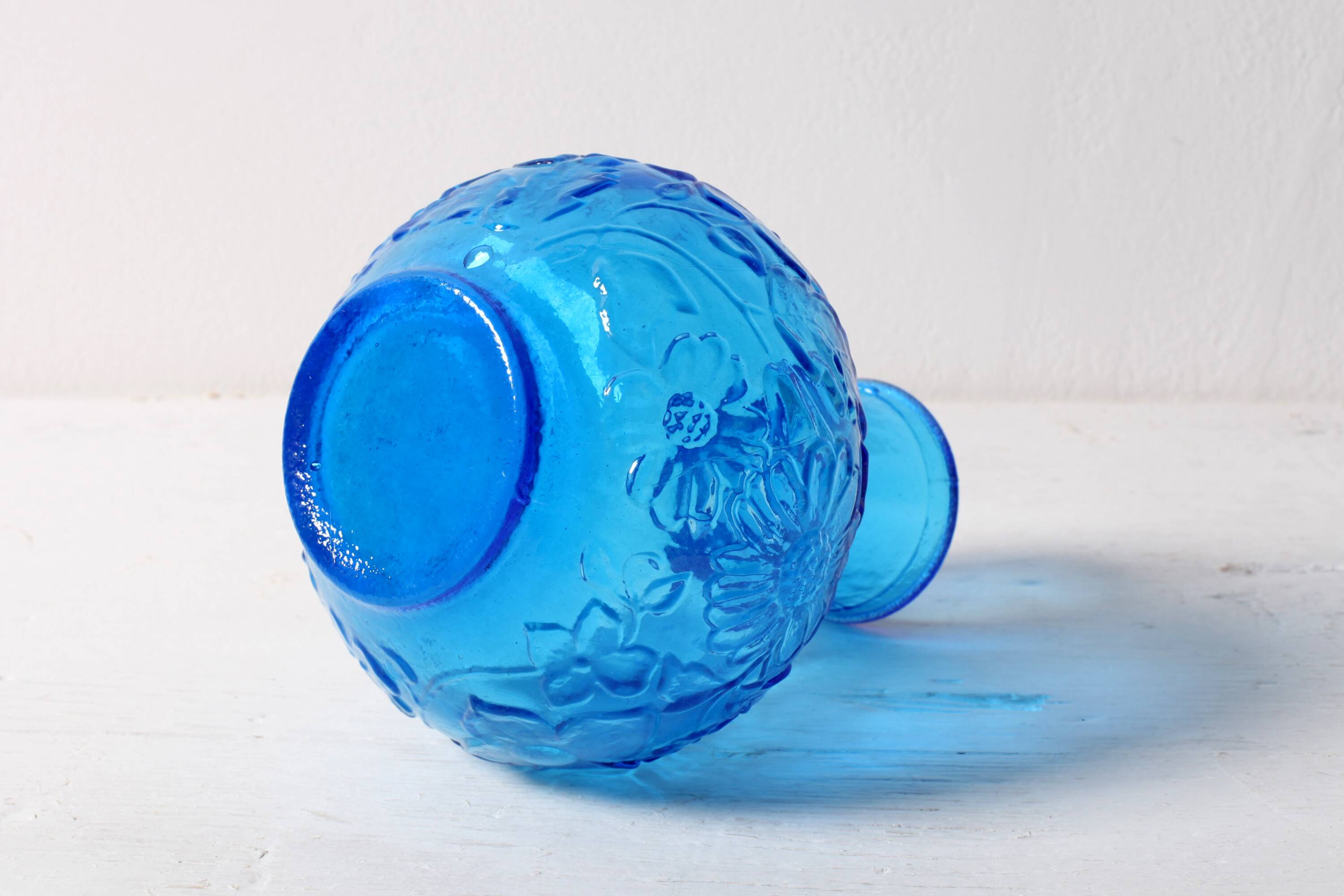 Vintage Small Blue Pressed Glass Vase with Flowers Pattern / Italy / 1960