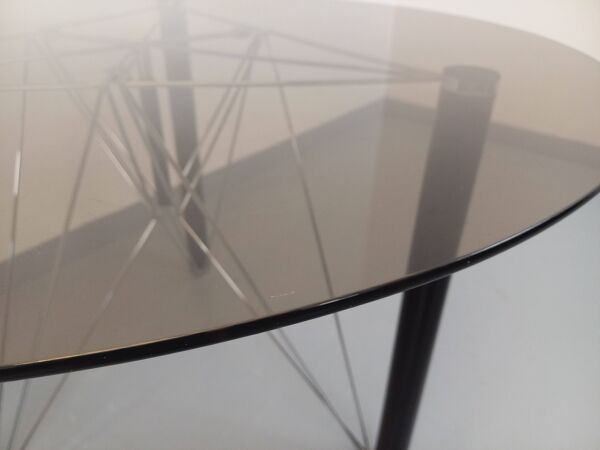 Table à manger ronde vintage en verre fumé, métal noir et métal chromé
