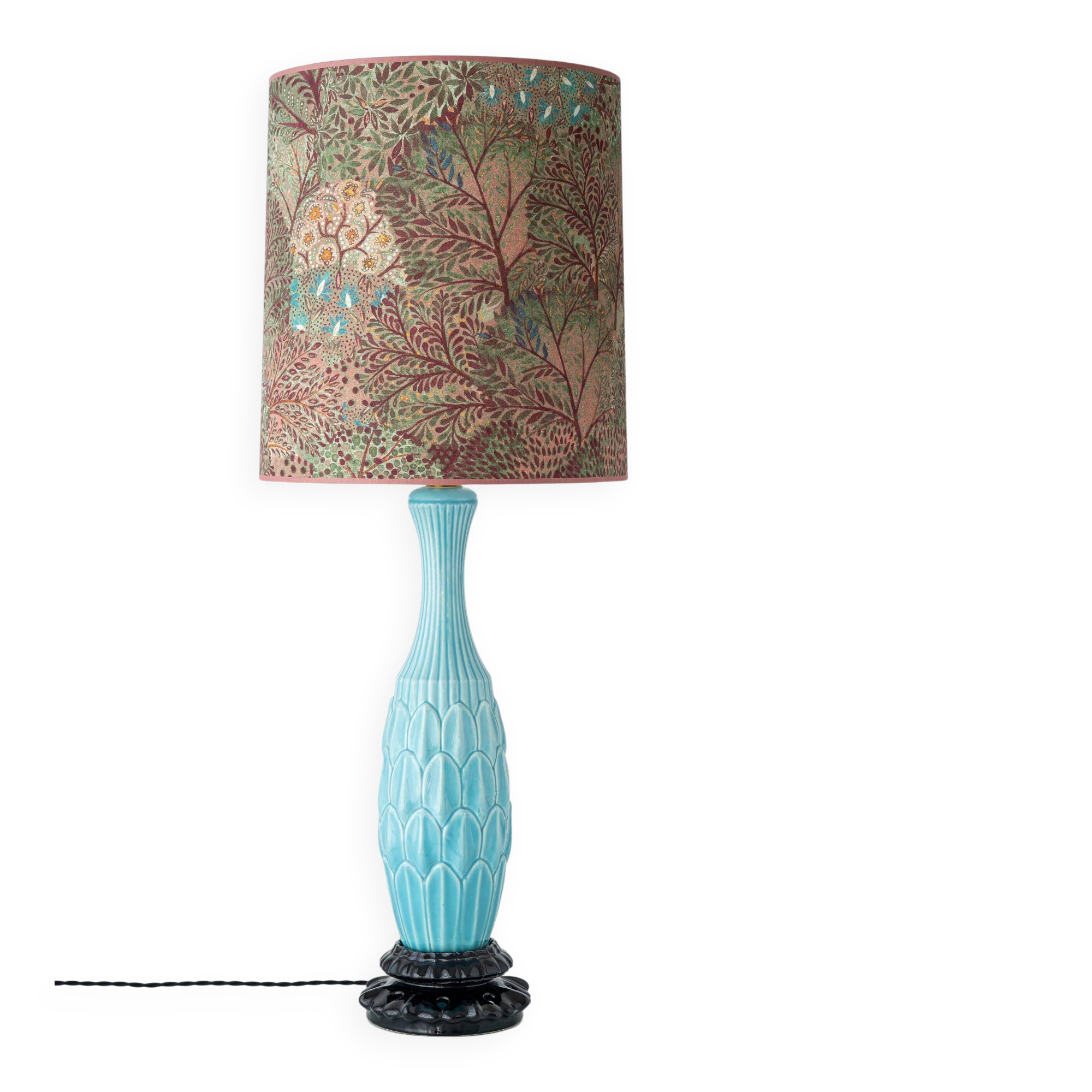 XXL Spanish sculptural table lamp in turquoise ceramic, 1960s, new Liberty lampshade.