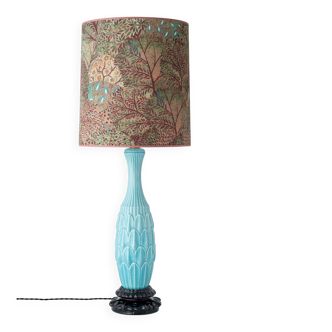 XXL Spanish sculptural table lamp in turquoise ceramic, 1960s, new Liberty lampshade.