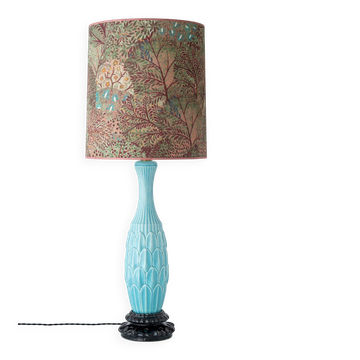 XXL Spanish sculptural table lamp in turquoise ceramic, 1960s, new Liberty lampshade.