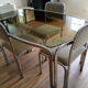 Table and 4 70s chairs chrome base and smoked glass tray chairs green water fabric