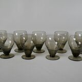Set of 9 small art deco design liqueur glasses in smoked glass from the 30s and 40s