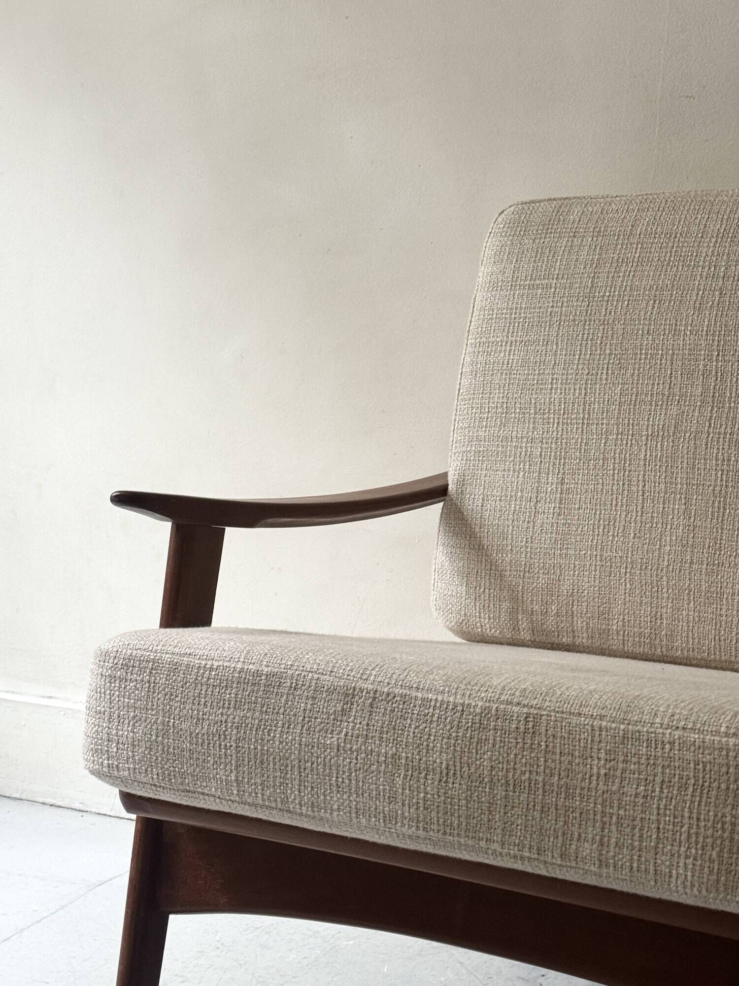 Scandinavian armchair in wood, Pierre Frey fabric, refurbished, Denmark 1950.