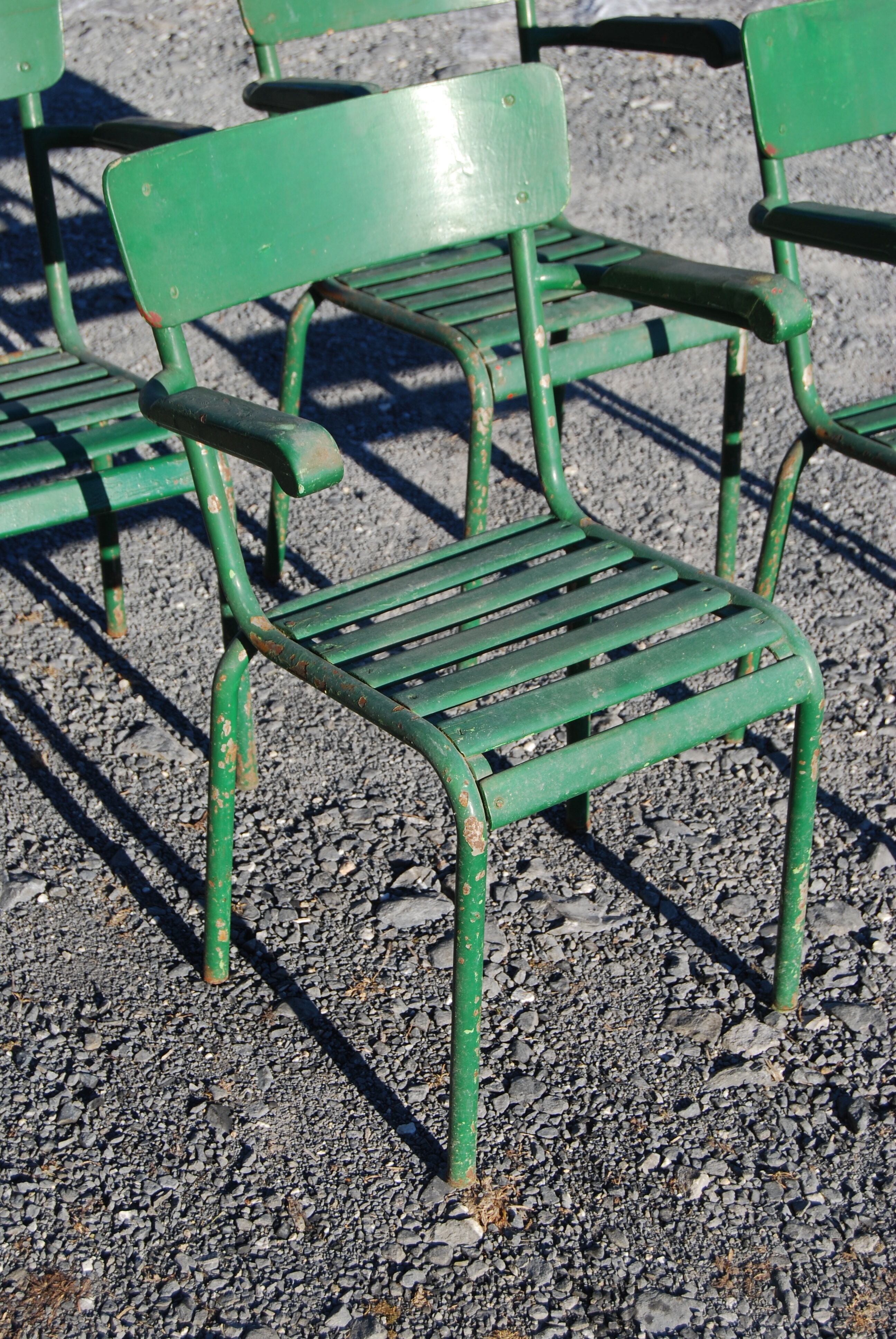 4 stackable garden armchairs wooden slats and metal tubes from the 50s