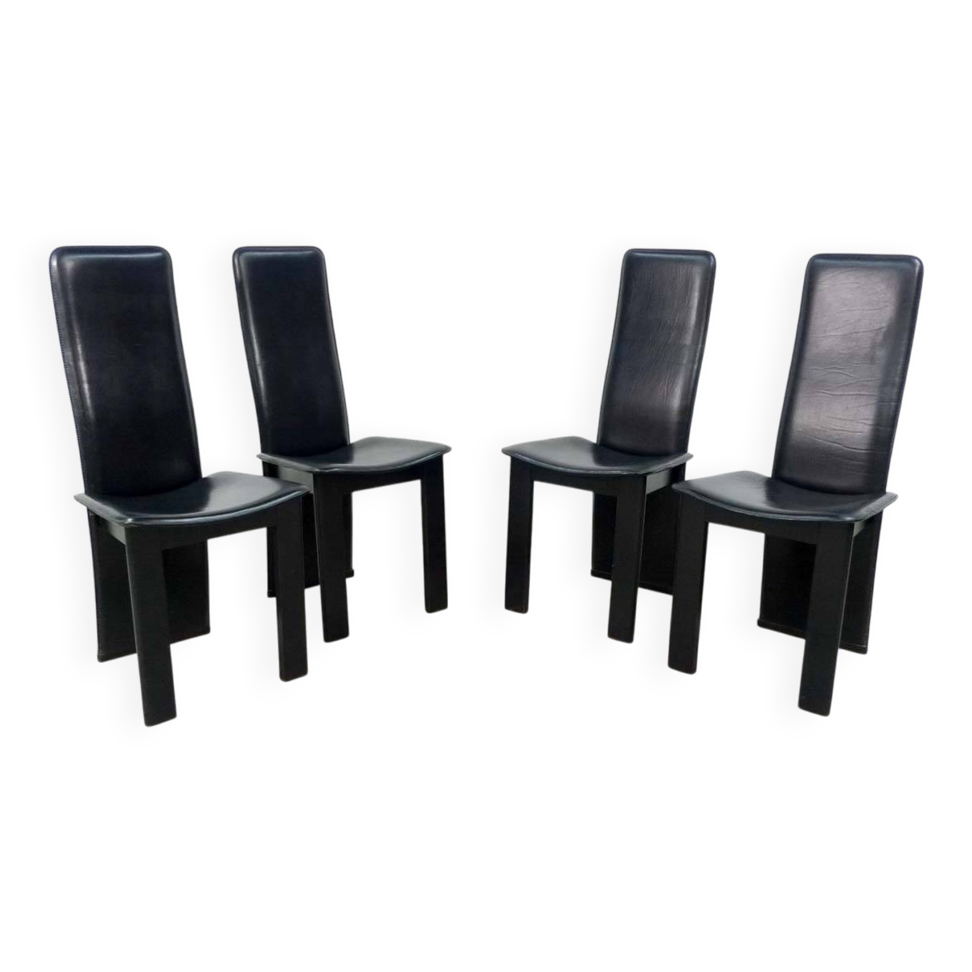 Cidue Style Black Sadle Leather High Back Italian Design Dining Chairs 70s
