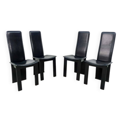 Chaises de salle à manger à dossier haut en cuir noir style Cidue, design italien des années 70