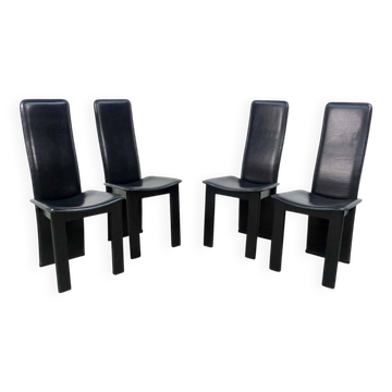 Cidue Style Black Sadle Leather High Back Italian Design Dining Chairs 70s