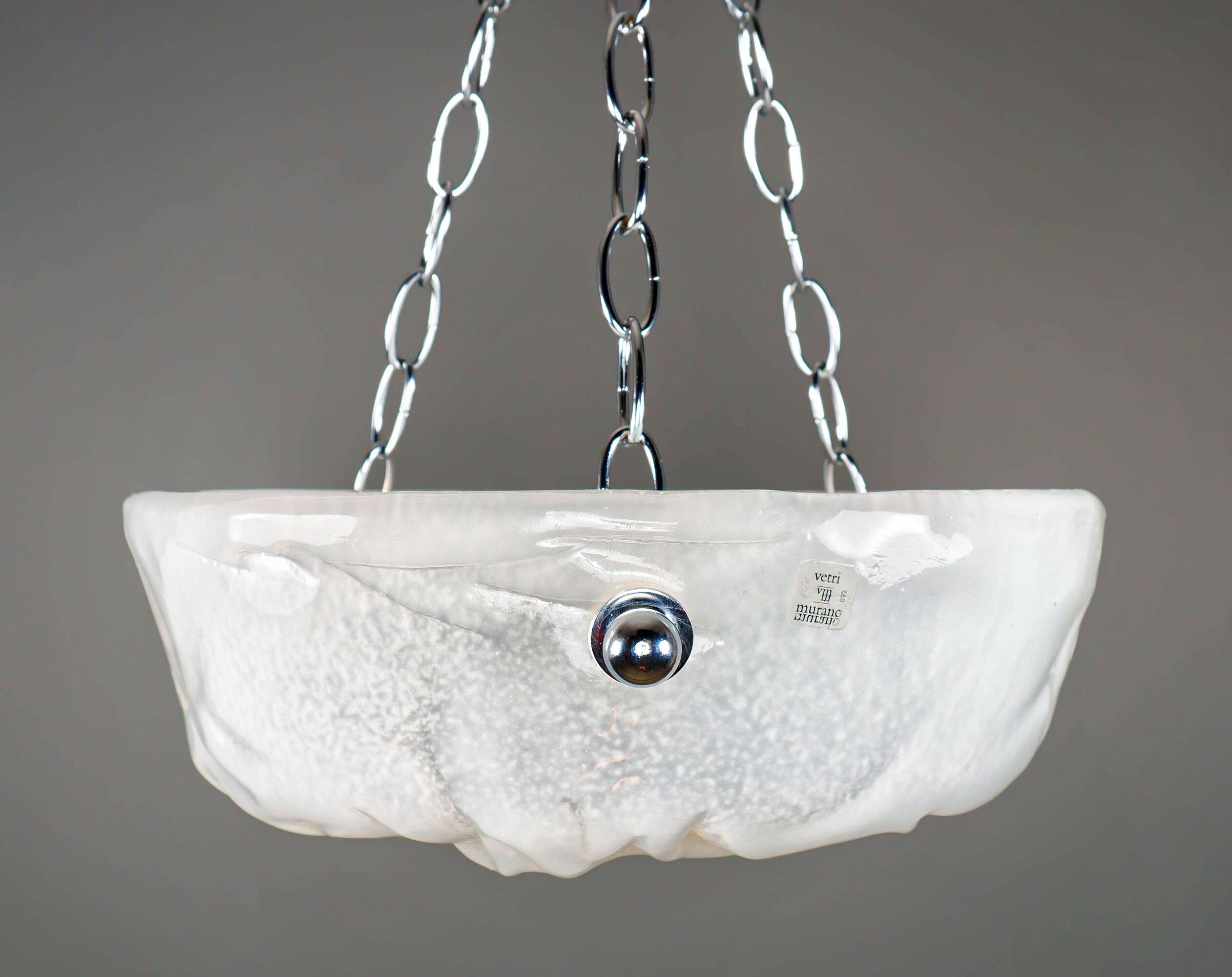 1980s Murano Ice-Textured Opalescent Glass Plafonnier Lamp by Effetre
