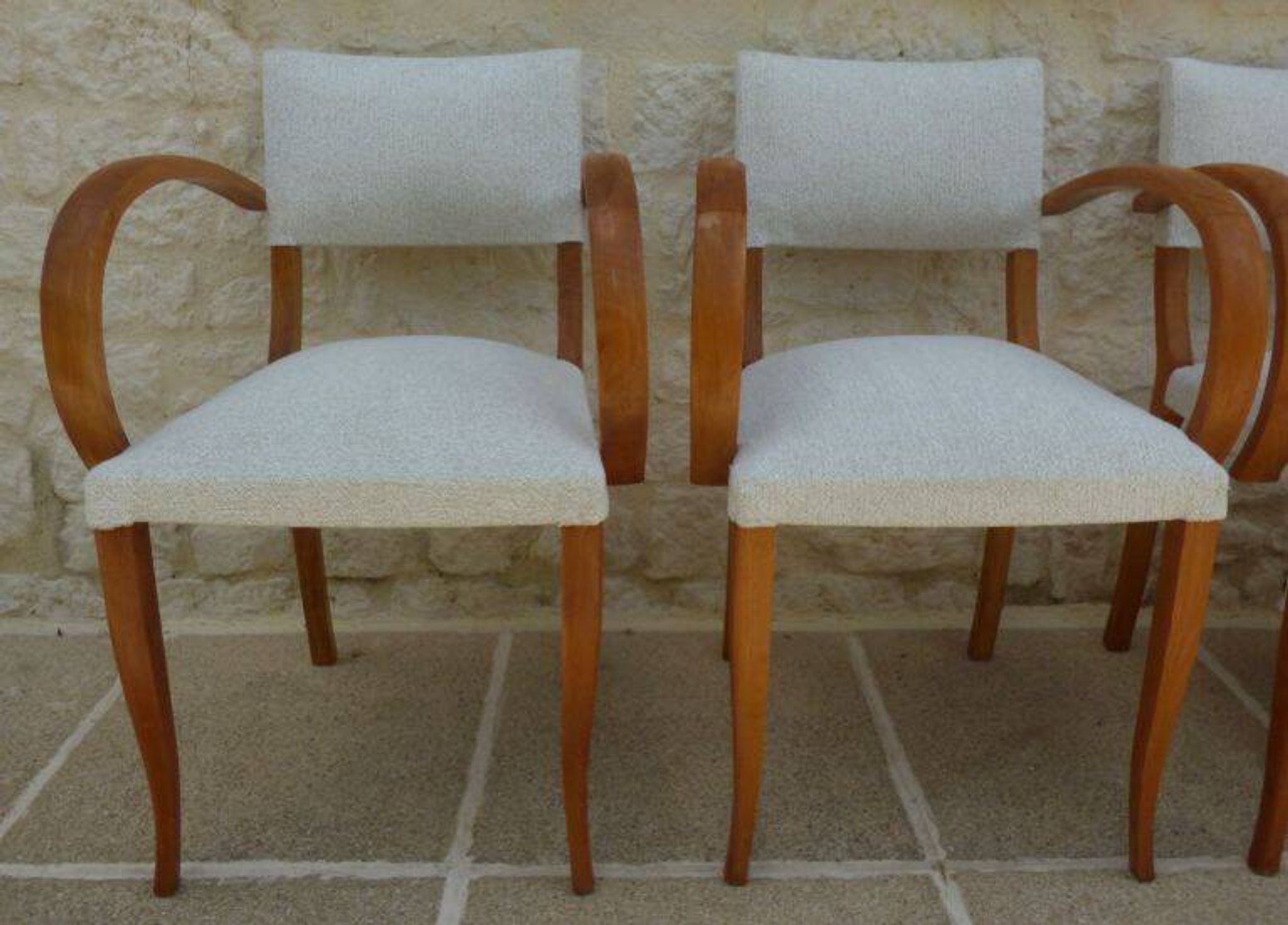 Fauteuils bridges chic année 50 en bois massif   blanc beige cousus main