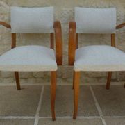 Fauteuils bridges chic année 50 en bois massif   blanc beige cousus main