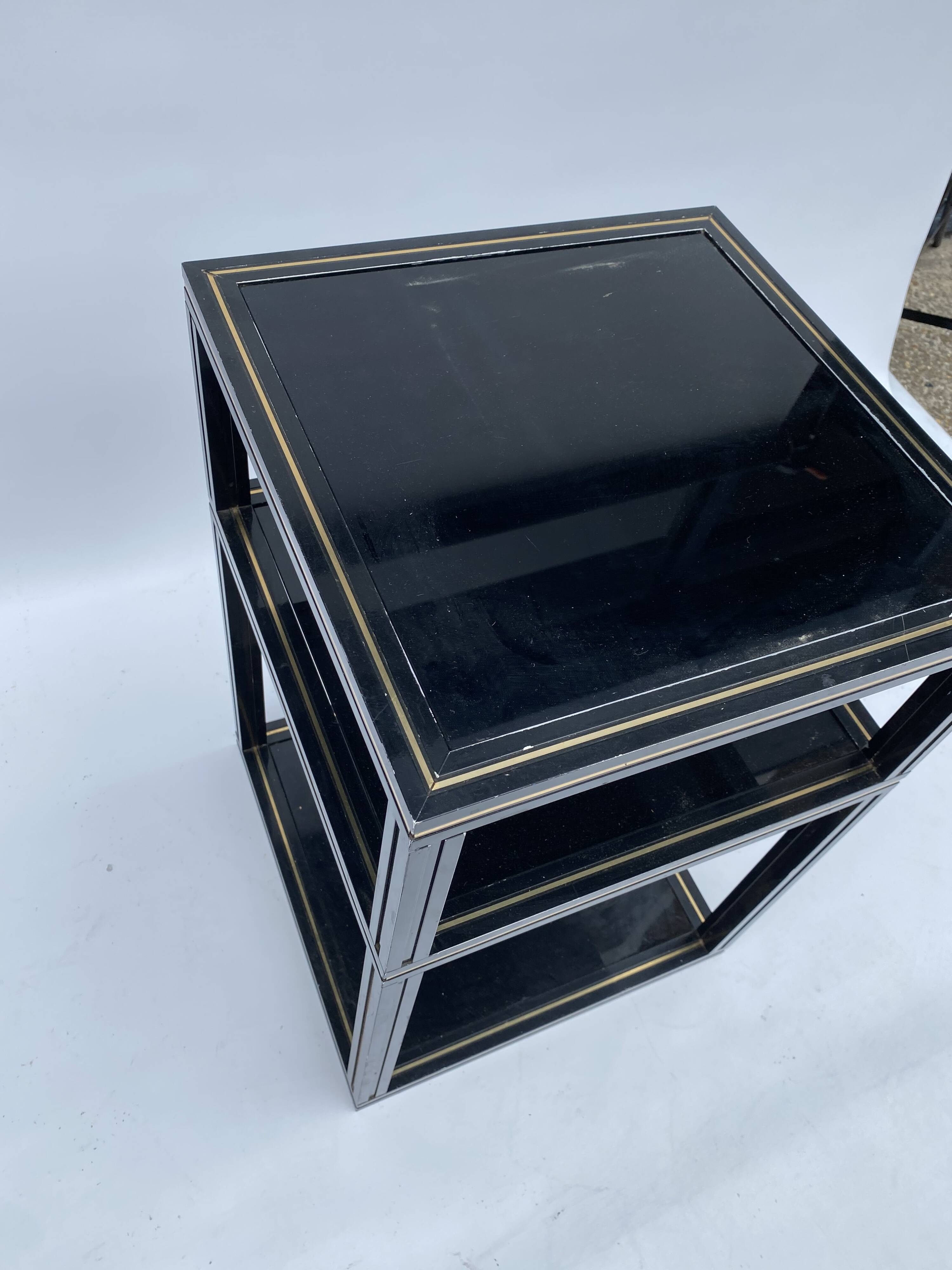 1970s Pierre Vandel Two Tiered Black Glass Side Lamp Table Hollywood Regenc