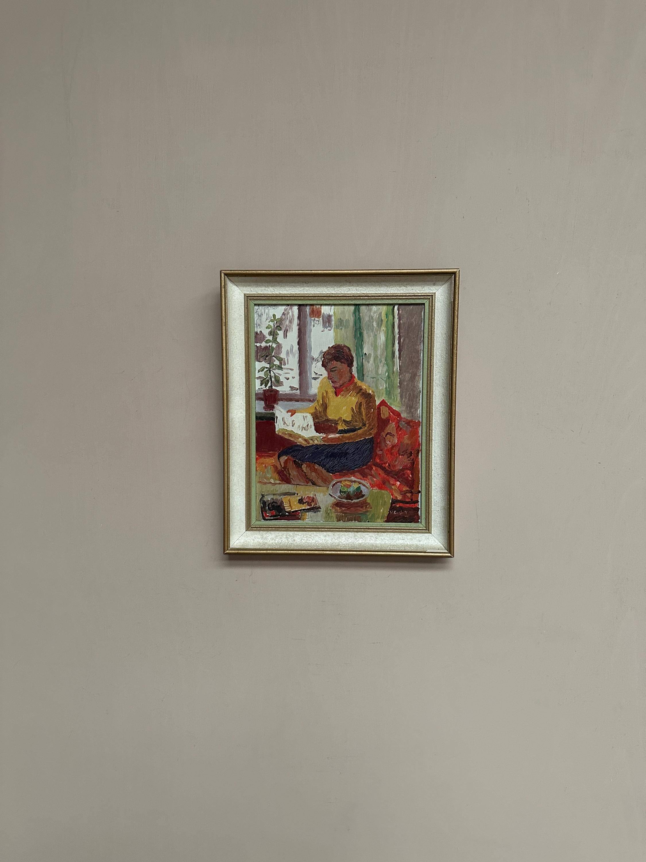 Original Swedish Oil on Panel – “Woman Reading Book” by Einar Emland