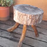 Stool low tripod log solid wood, brutalist and authentic, circa 1920