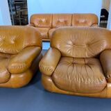Sofa set in cognac leather by Sapporo for Mobil Girgi,  Italy 1970s