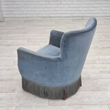 1970s, Danish armchair with footstool, blue furniture velour, oak wood legs