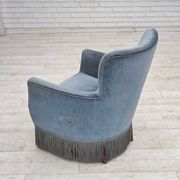 1970s, Danish armchair with footstool, blue furniture velour, oak wood legs