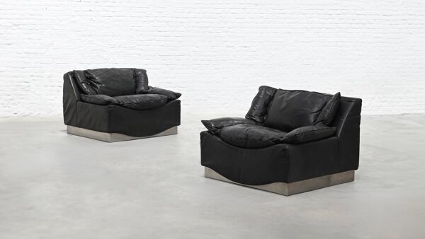 Paire de fauteuils lounge en cuir et acier de Luciano Frigerio, Italie 19