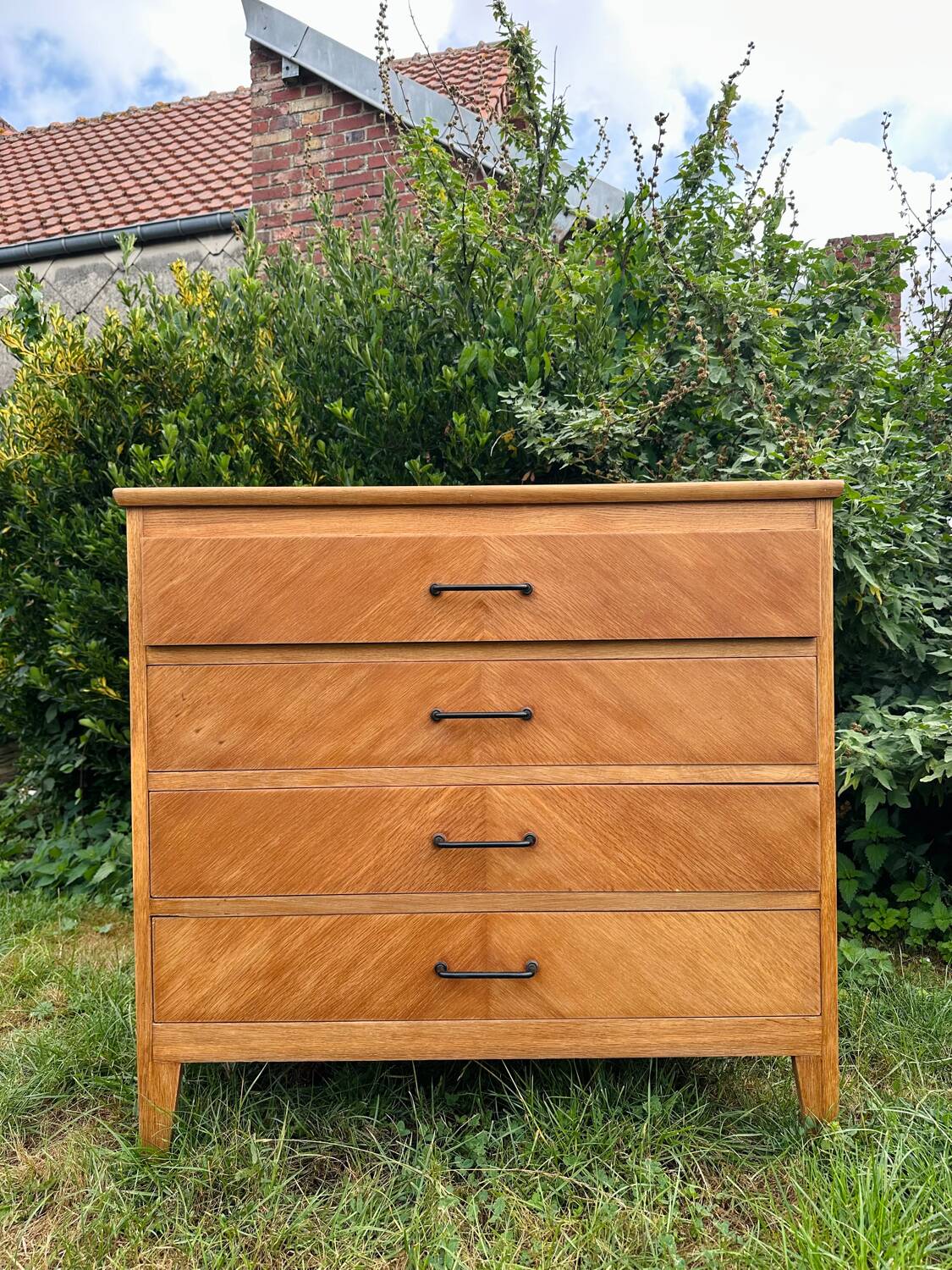 Vintage Scandinavian wooden chest of drawers with herringbone pattern - 4 drawers