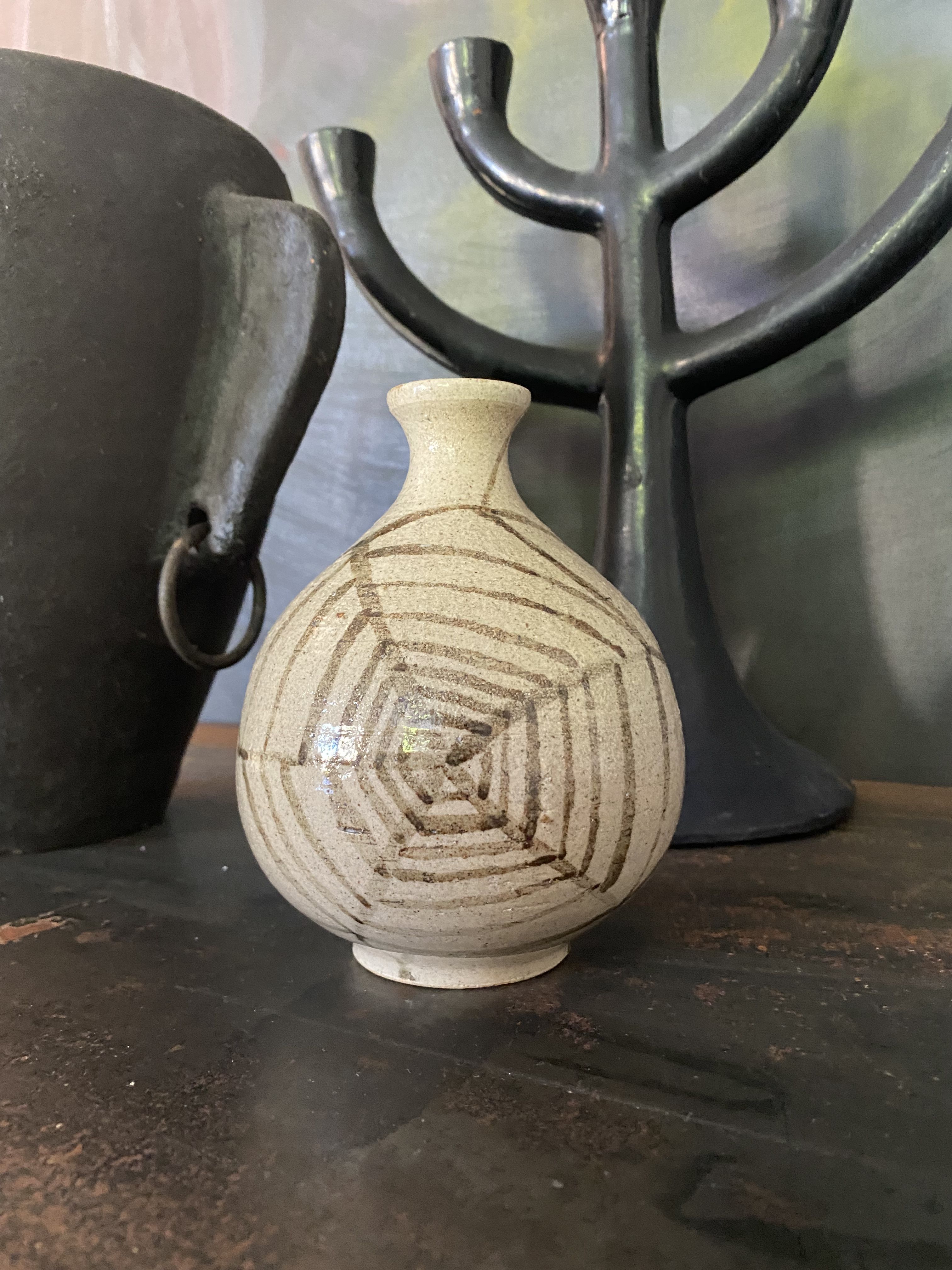 Vase ball ceramic vintage spider pattern signed mid century