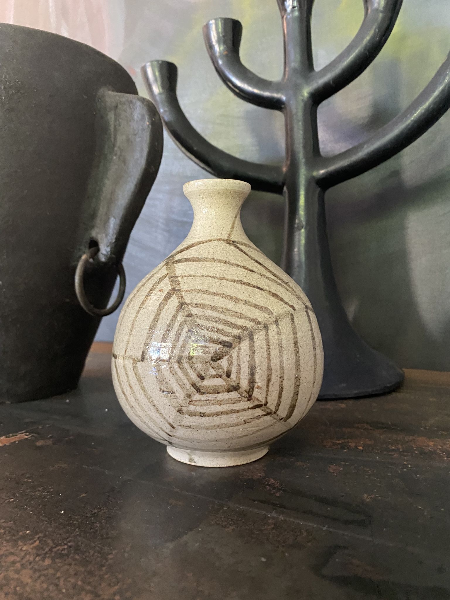 Vase ball ceramic vintage spider pattern signed mid century