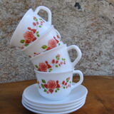 Series of 4 cups et under cups pink patterns Arcopal 80s